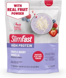 SlimFast kõrge valgusisaldusega smuutisegu Plus puuviljapulber, kõrge valgusisaldusega toidu asendaja pulber, kiudaine, C-vitamiin, 21 serveerimist, 1,29 naela, kolmekordne marja vanill (pakendamine võib varieeruda)