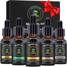 XIKEZAN 5 Pack Beard Oil Set w/Sandalwood, Orange, Vanilla, Cedarwood, Unscent for Beard Care, niisutav, pehme, Sünnipäeva Kingitused Meestele Tema Isa Isa Abikaasa Jõulukingitused Ladustamistarbed