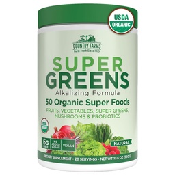 Country Farms Organic Super Greens Natural Maitse, 50 Organic Super Foods, pakendatud kiudaineid, USDA orgaanilise joogi segu, puuviljad, köögiviljad, seened ja probiootikumid, toetab energiat, 6 g kiudaineid
