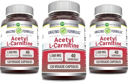 Hämmastav valem Atsetüül L-karnitiin 1500 Mg ühe serveeritava köögiviljakapsli kohta | Mitte-GMO | Gluteenivaba | valmistatud USAs | Sobib taimetoitlastele (120 loend) | Pakend 3