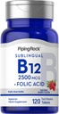 Piping Rock Vitamiin B12 Sublingvaalne | 2500 mcg | 120 tabletti | foolhappega | Naiste ja meeste toidulisand | Berry Flavor | Taimetoitlane, mitte-GMO, Gluteenivaba