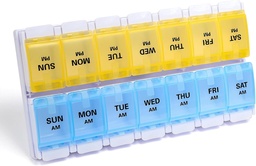 Sukuos AM PM iganädalane pillide korraldaja 7 päeva, 2 korda päevas Meditsiin Pill Box Easy Push nuppu, BPA vaba vitamiini kastid kalaõli / toidulisandeid, lihtne puhastada (kollane ja sinine)