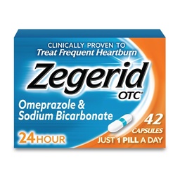 Zegerid OTC , 24- tunni kõrvetiste leevendamine , happe refluksmeditsiin ja antatsiid , ravib Sagedast kõrvetisi , omeprasool 20 mg + naatriumvesinikkarbonaat , prootonpumba inhibiitor ( PPI ) , 42 kapslit