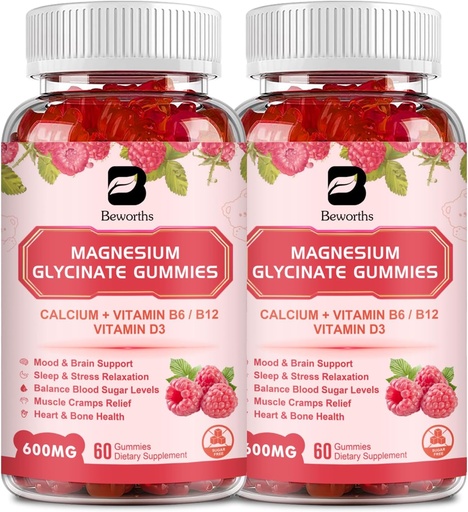 (2 Pack) 600 Mg Magneesium Glütsinaat Gummies, Magneesium Supplement Complex Magneesium Malate, Magneesiumtsitraat & Kaalium, Toetab Öö ja ühine, Energia Boost, Vegan & 0-Sugar, Vaarika 120 Count