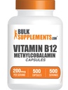 BulkSupplements.com Vitamiin B12 Metüülkobalamiini kapslid - B12 vitamiinilisand, B12 200mcg, energiatoetuseks - Gluteenivaba, 1 kapsel serveerimiseks, 500 kapslit (pakk 1)