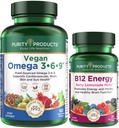 Puhtuse Tooted Bundle - Vegan Omega 3-6-9 (180 ct) + B-12 Energia sula Omega 3-6-9 ("5 in 1" Taimepõhised Omega 3 6 9 Asendamatud rasvhapped) - B12 Berry sula (metüülkobalamiin B12 + B6 + D3 + rohkem)