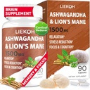 Ashwagandha & Lions Mane'i lisakapslid, aju lisandid mälule ja fookusele, Ashwagandha lisand koos Rhodiola & Black Peppe'iga, kortisooli lisandid naistele ja meestele, 90 kapslit