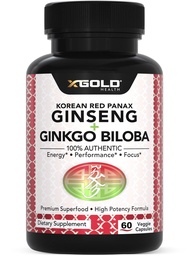 Korea punane Panax ženšenn 1200mg + Ginkgo Biloba - ekstra tugevusega juure ekstrakti pulber täiendus w / kõrge ginsenosiidid Vegan kapslid energia, jõudluse ja fookus - täiendus meestele ja naistele