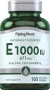 Piping Rock Vitamiin E 1000 IU Softgel Kapslid | 671mg | 100 Pills | D-Alfa Tokoferüül Supplement | Mitte-GMO, Gluteenivaba