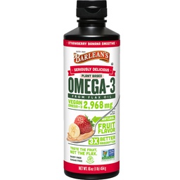 Barlean's Vegan Omega 3 6 9 Linaseemneõli Vedelik Toidulisand, Maasikas Banaani Smoothie, Linaseemneõli 2,968 mg ALA rasvhappega, Mitte-GMO ja Gluteenivaba, 16 oz