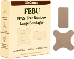 FEBU Eco-Friendly Large Bamboo Bandages | PFAS Free Bandages for Scraps & Cuts | Flexible Fabric Bandage | Fully Compostable, Latex Free Bandage | 20 Count Large
