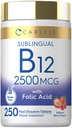 Carlyle Vitamiin B12 Sublingvaalne 2500 mcg | 250 kiiret lahustuvat tabletti | Tsüanokobalamiini lisand foolhappega täiskasvanutele | Looduslik marjamaitse | Taimetoitlane, mitte-GMO ja gluteenivaba