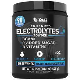 Zeal Naturals Electrolyte Powder Recovery Drink (90 Servings | Blue Vaarika) w 0 Suhkur +BCAAs + B-vitamiinid Elektrolüütlisand w kaaliumtsink & magneesium hüdreerimiseks - Keto elektrolüüdid