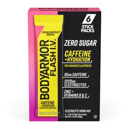 BODYARMOR Kofeiinitud Flash I.V. Elektrolüütide paketid - Dragonfruit Berry - nullsuhkru energiajoogi segu, ühe serveerimise pakendid, eeltreeningu hüdraat, Travel Essentials, aktiivne elustiil (6 loend)