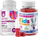 Elderberry Gummies for Kids and Magnesium 200 mg Gummies Sugar-Free - Tervislik Immuunsüsteemi Booster ja tervisetoetus Elderberries Ekstrakt Magneesium Calm Chews lastele ja täiskasvanutele Suhkruvaba