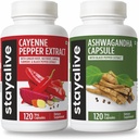 STAY ALIVE Cayenne ja Ashwagandha Bundle w / Black Pepper Extract kapslid, 240 Vegan Pills, Non-GMO & Gluten Free Ashwagandha Cayenne Pepper Supplement