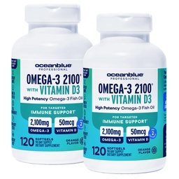 Oceanblue Professional Omega-3 2100 koos vitamiiniga D3 - 120 ct - 2pack - kolmekordne tugevus Burpless kalaõli lisandiga kõrge tugevusega EPA, DHA, DPA ja D3-vitamiin - looduslikult püütud - oranž maitse