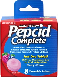 Pepcid Complete Acid Refluks + Antacid for Acid Refluks , 10 mg Famotidine , 800 mg Kaltsiumkarbonaat & 165 mg Magneesiumhüdroksiid kõrvetiste ravim Tablett , Antacid Chews , Berry , 8 ct