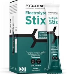 MYOXCIENCE Electrolyte STIX | Kreatiinelektrolüütpulber | Treeningust ja lihaste arengust taastumine ilma tõelise soolata (maitsestamata) (kuus 30 ct)