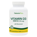 Natures Plus D3-vitamiin, laiendatud vabanemine - 90 vegan-tabletti - 5000 RÜ + 25 mg trans-resveratrool - südame ja luu tervis, immuunsüsteemi tugi, vananemisvastane - gluteenivaba - 90 serveerimist