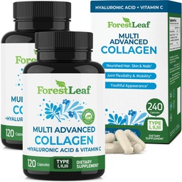 ForestLeaf Multi kollageeni pillid hüaluroonhappega + C-vitamiin | Hüdrolüüsitud kollageenilisandid naistele või meestele | Multikollageenikapslid nahale, kortsud, 240