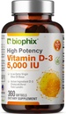 Biophix Vitamiin D-3 5000 IU 360 Softgels - kõrge potentsi ekstra neitsioliiviõli Mitte-GMO Soja-Free toetab Tugevad Luud Immuuntervise