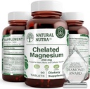 Looduslik nutrakelaaditud magneesiumoksiid 250 mg - suur imendumine tugevate luude, südame tervise, energia suurendamiseks, gluteenivabaks, mitte-GMO-ks, 90 tabletti (3 pakendit) BPA-vabades taaskasutatavates klaaspudelites