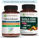 Puhas toitumine Ultra Kaltsium 1000mg ja kogu toit Naiste multivitamiinid 1500mg tervislike luude, liigeste ja üldise heaolu jaoks. Ultra Kaltsium 120 Tabs + Naised Multivitamiinid 90 Tabs.