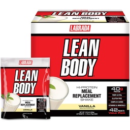 Labrada Lean Body MRP All-in-One Vanilla Meal asendamine Shake, 40 g valku, vadakusegu, 8 g tervislikke rasvu EFA & kiudaineid, 22 vitamiine ja mineraale , kunstlikku värvi, Gluteenivaba, (42 paketti)