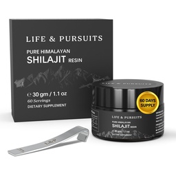 Life & Pursuits 100% Pure Real India Himalayan Shilajit vaik, 1,1 oz 500mg, minimaalselt 75% Fulvic Acid, 85+ Trace Minerals, Dietary Supplement for Men 3rd Party Lab Test Report, 60 Servings (Pack of 1)