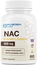 Puregen Labs N-atsetüül-L-tsüsteiin (NAC) 600mg, toetab immuunsüsteemi, hingamist, maksa tervist, NAC 600 mg, tugevat antioksüdanti tugi, vabad radikaalid, kergesti imenduv - 60 taimekapslit