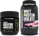 NutraBio kreatiini monohüdraat, maitsestamata, 150 g ja vadakuvalgu isolaat, maasikajäätis, lisandkomplekt - lihasenergia, lahjade lihaste kasv, taastumine ja tugevus