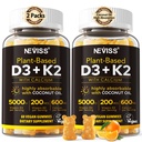 Vitamiin D3 5000iu & K2 ( MK7 kujul ) 200mcg Gummies + 600mg Kaltsium, kookosõli suure imendumise jaoks, maksimaalne tugevus Vitamiin D3 K2 täiendus - luude lihashammaste toetamine Immuunsus, vegan 2Packs
