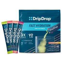 DripDrop hüdratsioonipaketid - Sunburst Variety Pack - Single Serve Electrolytes Powder Drink Mix - Sidrunlubja, maasikas, virsik, Black Cherry - Non-GMO, Gluteenivaba, Vegan - 32 Sticks