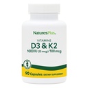 NaturesPlus vitamiinid D3 (1000 RÜ) & K2 (100 mcg) - taimetoitlane, gluteenivaba - 90 kapslit, 90 serveerimist