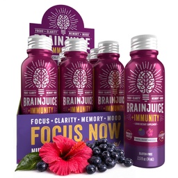 BrainJuice Aju ja Immuunsüsteemi Toetus Shot, Gluteenivabad Täiendusvõtted Energia, Fookuse, Immuunsuse Vitamiin D, C B, Alpha GPC & Organic Ginger Juur, Huckleberry Hibiscus, 2.5 fl oz, 12 Pack