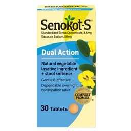 Senokot-S Dual Action Natural Vegetable Laxative Ingredient Plus Stool Softener Tabletid, Docusate Naatrium, Senna kontsentraat, õrn, Üleööline leevendus juhuslikust kõhukinnisusest, 30 ct