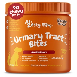 Zesty Paws Cranberry Supplement koertele - Põiekontroll koertele - Kuseteede tugi - Jõhvika närid D-Mannoosiga, vitamiin B6 ja L-arginiin - Immuunsüsteemi ja soolestiku tugi - peekon - 90 krahv