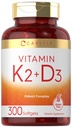 Carlyle Vitamiin K2 D3 Lisand | 300 Softgels | 200mcg K2 MK7 & 10000 IU D3 | Mitte-GMO, Gluteenivaba