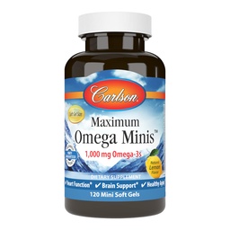 Carlson - Maksimaalne Omega Minis, 1000 mg Omega-3s, Südamefunktsioon, Aju tugi ja tervislik vananemine, Sidrun, 120 Mini Softgels