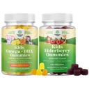 Bundle of Kids DHA Omega 3 Gummies - Rasvhapped Omega 3 6 9 Aju immuunsüsteemi tugevus ja visioon - Toitumisalane DHA ja Sambucus Elderberry Gummies for Kids Health - Tsink ja C-vitamiin immuunsuse toetamiseks