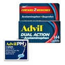 Advil Dual Action atsetaminofeeni ja ibuprofeeniga (2 annuse ekvivalent) 8-tunnise valu leevendamiseks, kaetud 144 Ct kapslit ja 2 Ct. Advil PM proovi