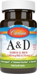 Carlson - A & D, 10000 IU (3000 mcg RAE) Vitamiin A, 400 IU (10 mcg) Vitamiin D3, Vision Support, Skin Health, 100 Soft Gels