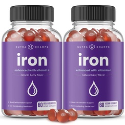 NutraChamps Raudkummid C-vitamiiniga, 20 mg Raudvereliblede moodustumise toetus, 120 kummikut rauapuuduse ja aneemia jaoks, energia, fookus, 2i immuunsuse suurendamise pakett