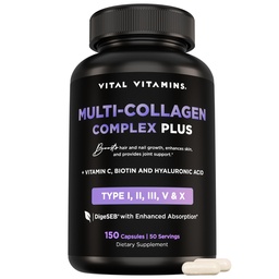 Vitaalsed vitamiinid Multi kollageen Kompleks Plus - Biotiin, hüaluroonhape, C-vitamiin - tüüp I, II, III, V, X - naistele ja meestele - juuksed, nahk, küüned ilukompleks - 150 kapslit