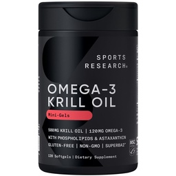 Sport Research Krill õli täiendus EPA & DHA Omega 3, fosfolipiidid ja astaksantiini Antarktika krill - kõrgeim kontsentratsioon Krill õli meestele ja naistele - 500mg, 120 Softgel kapslid