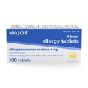 MAJOR 4 Mg Allergiatabletid - Klorfeniramiin Maleaat 4-tunnine allergia meditsiin - Antihistamiin aevastamise leevendamiseks, sügelevad vesised silmad, sügelev kurk ja runny nina - 100 loend (1 pakend)