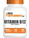 BulkSupplements.com Vitamiin B12 5000 mcg Softgels - tsüanokobalamiin, vitamiin B Toidulisandid, B12 vitamiinid Pills - Gluteenivaba, 1 vitamiin B12 Softgel per Serving, 180-päevane pakkumine, 180 Softgels