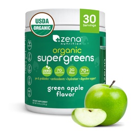Zena Nutrition Organic Super Greens Powder, 70+ Superfoods, 0 Sugar, 3G Fiber, Spirulina, Chlorella, seened, prebiootikumid / probiootikumid, seedetrakti ensüümid soolestiku tervisele, roheline õun, 30 Servings