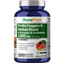 NusaPure 43 Puuviljad ja köögiviljad Taimne segu, 11 ensüümid ja probiootikumid, 1200 mg, 250 köögiviljakapslit (GMO-väline, vegan)